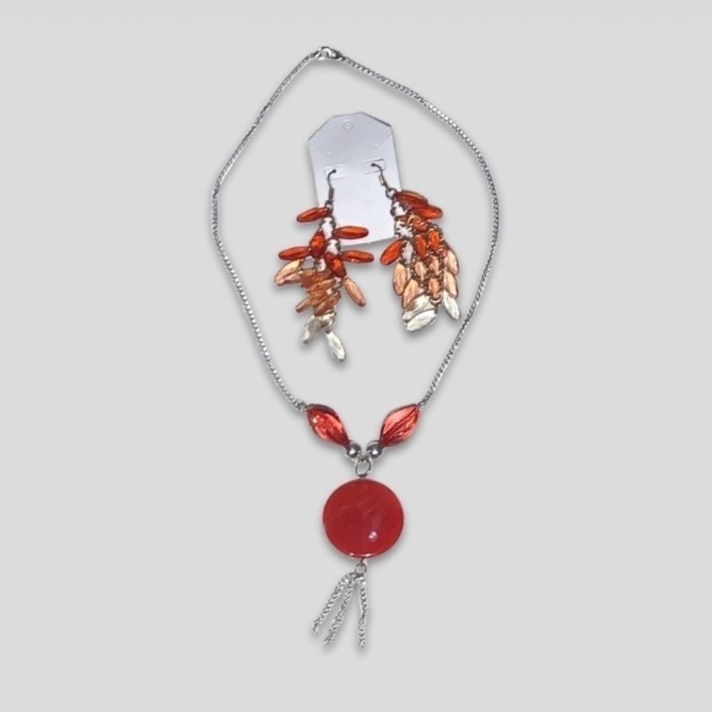 Beaded Necklace Dangle Drop Earrings Red Orange